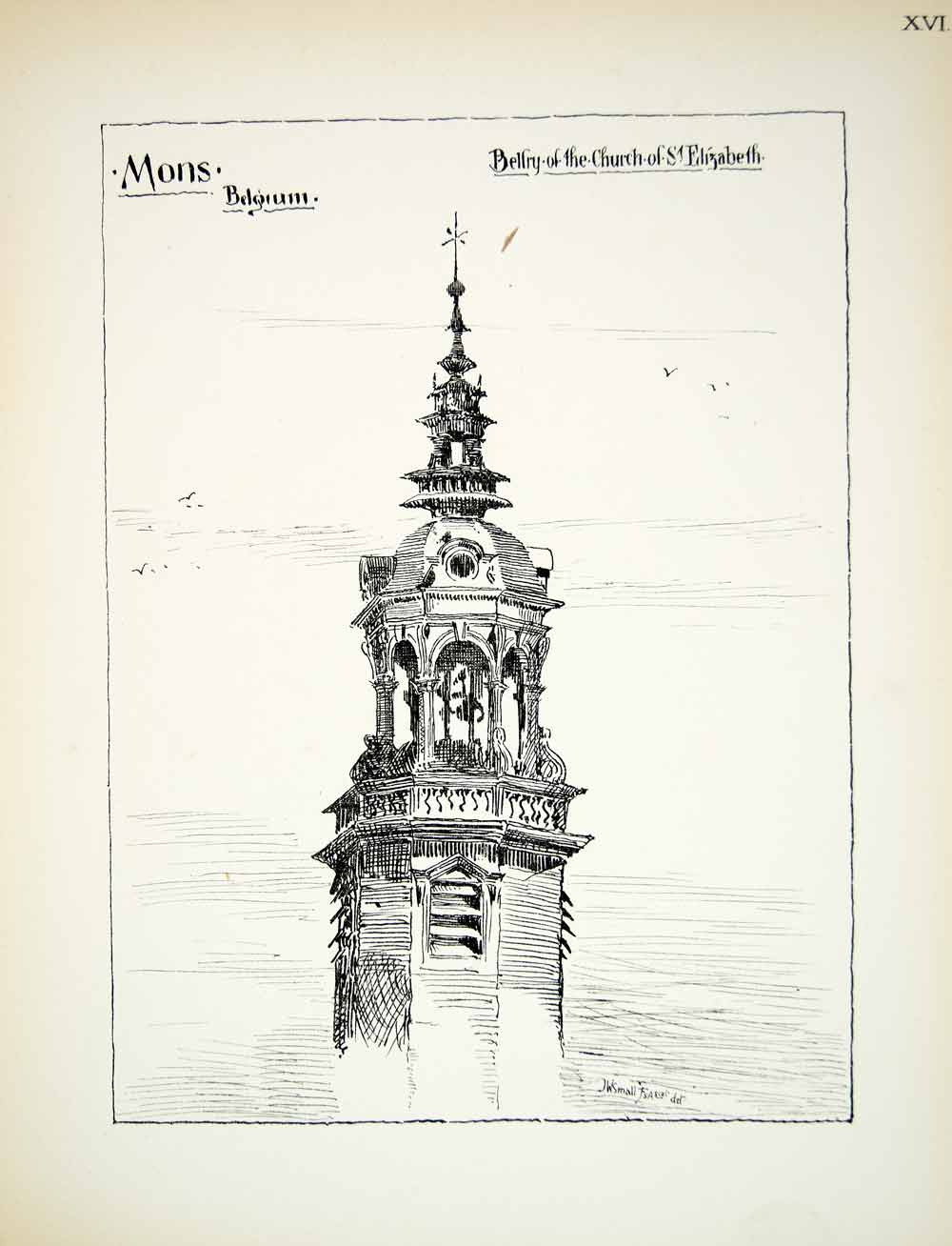 1883 Lithograph John W Small Art Belfry Church St Elizabeth Mons Belgium ZZ20