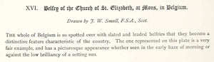 1883 Lithograph John W Small Art Belfry Church St Elizabeth Mons Belgium ZZ20