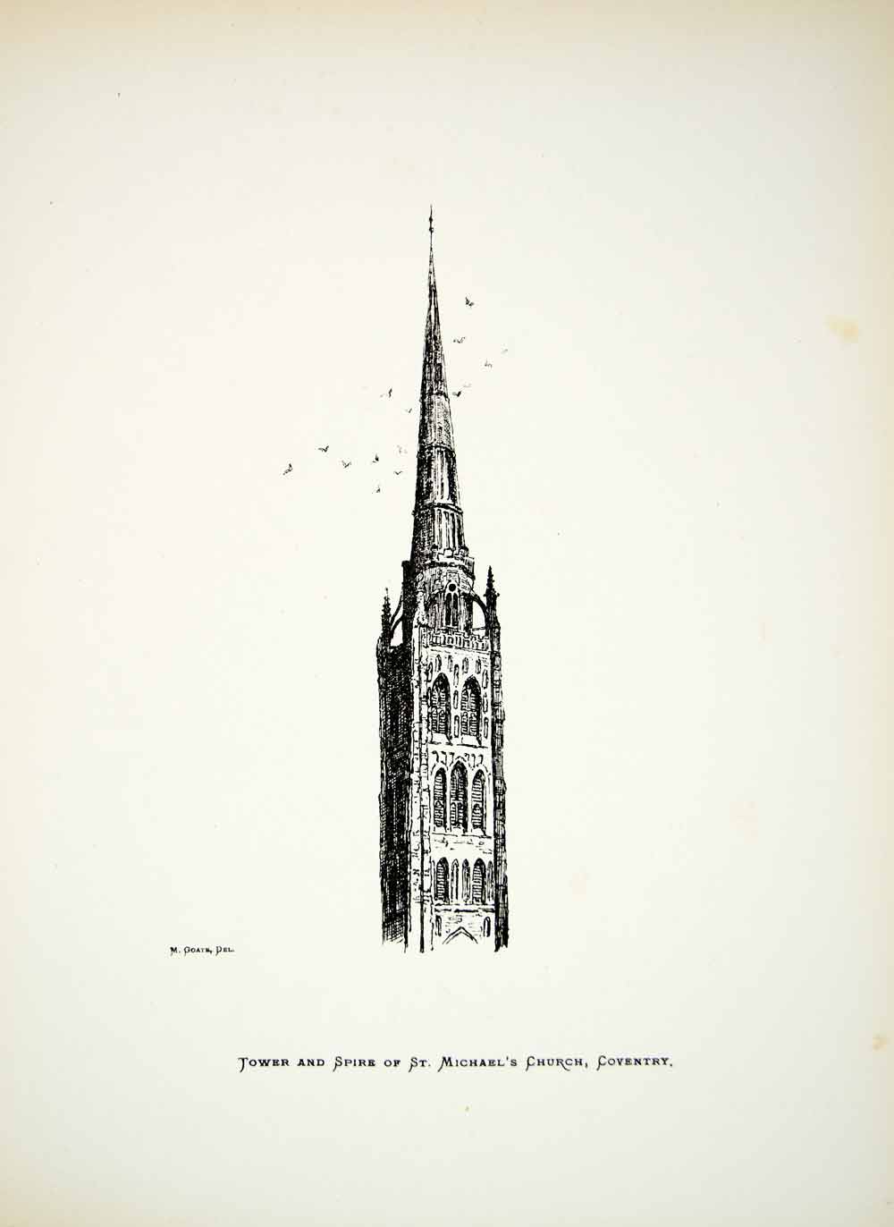 1883 Lithograph WR Goate Art St Michaels Church Coventry England UK Tower ZZ20