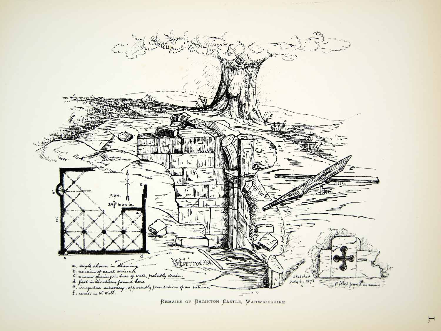 1883 Lithograph WG Fretton Art Bagot Baginton Castle England UK Archaeology ZZ20