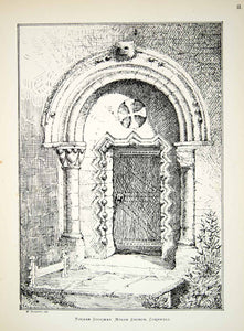 1886 Lithograph GW Fairbank Norman Door Church Melor Mylor Cornwall England ZZ21