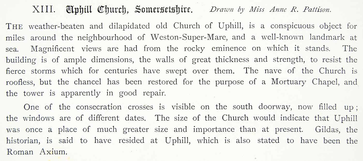 1886 Lithograph Annie Pattison Art Old Church St Nicholas Uphill England ZZ21