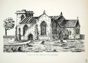 1886 Lithograph AJ Brookes Art Church St Mary Warkworth England Religious ZZ21