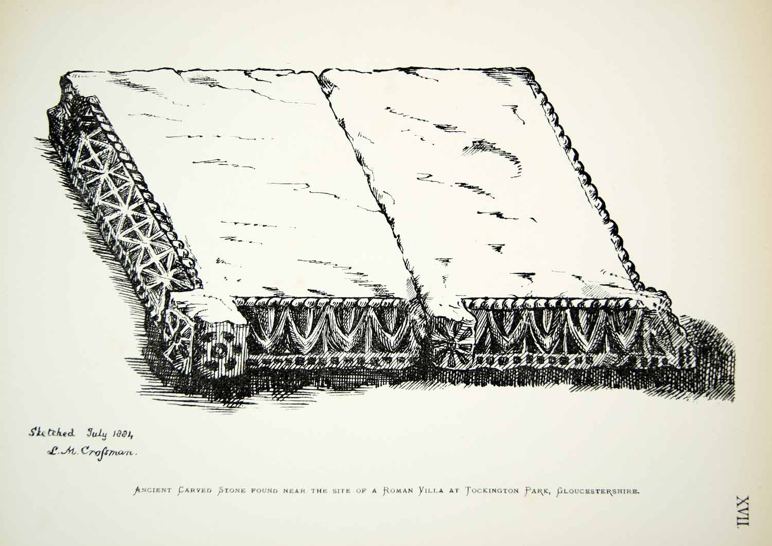1886 Lithograph LM Crossman Art Ancient Roman Slab Tockington Archaeology ZZ21