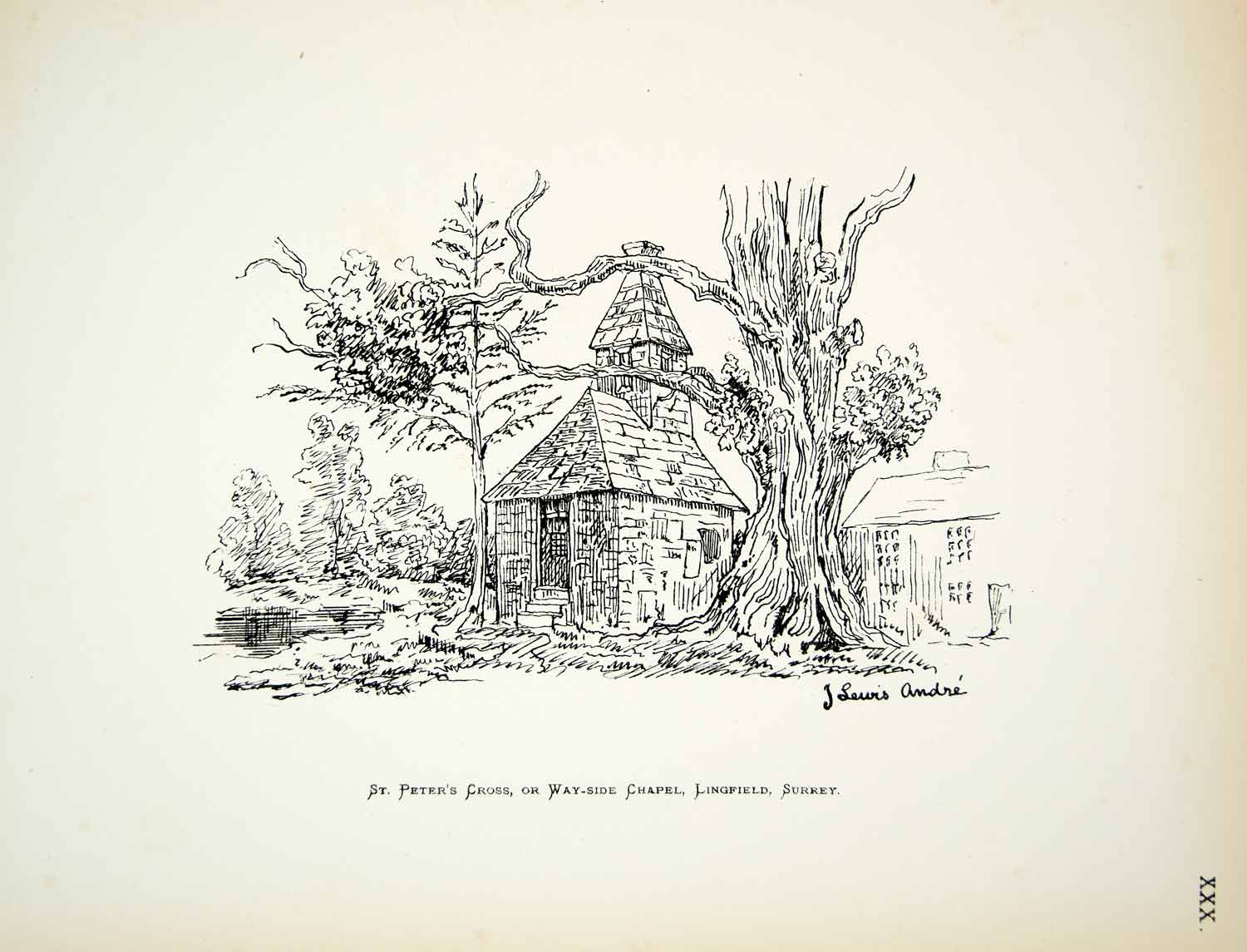 1886 Lithograph J Lewis Andre Art St Peters Cross Wayside Chapel Lingfield ZZ21