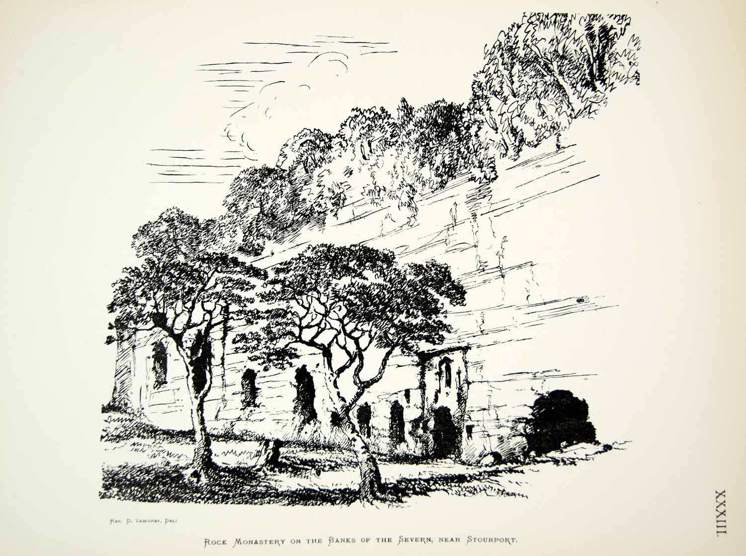 1886 Lithograph Daniel Vawdrey Art Rock Monastery Stourport Severn England ZZ21