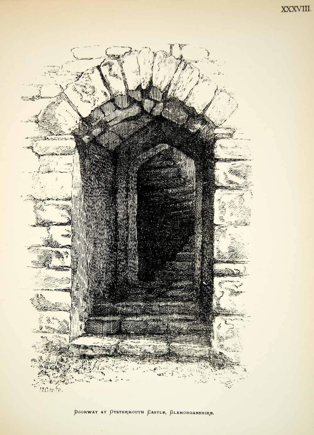 1886 Lithograph WR Goate Art Norman Doorway Oystermouth Castle Wales UK ZZ21