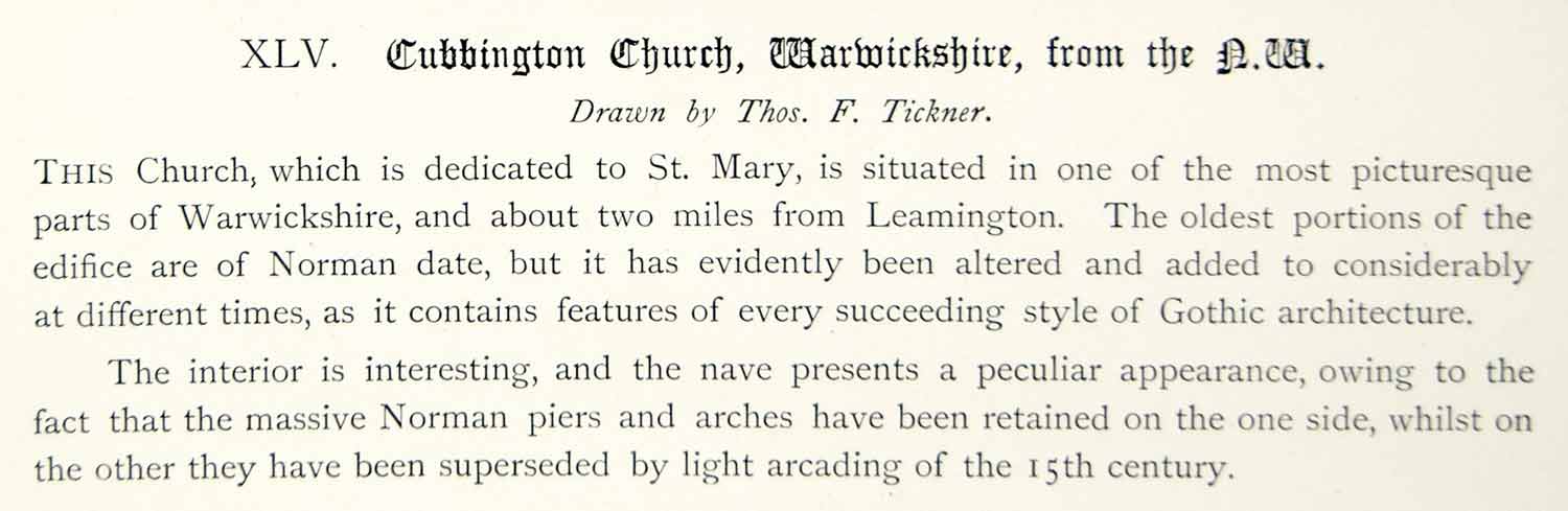 1886 Lithograph Thomas F Tickner Art Church St Mary Cubbington England UK ZZ21