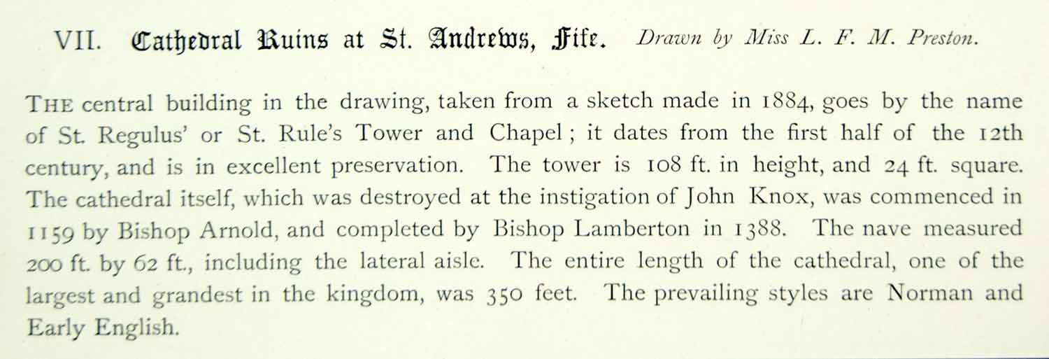 1889 Lithograph Leonora FM Preston Art St Andrews Cathedral Fife Scotland ZZ22