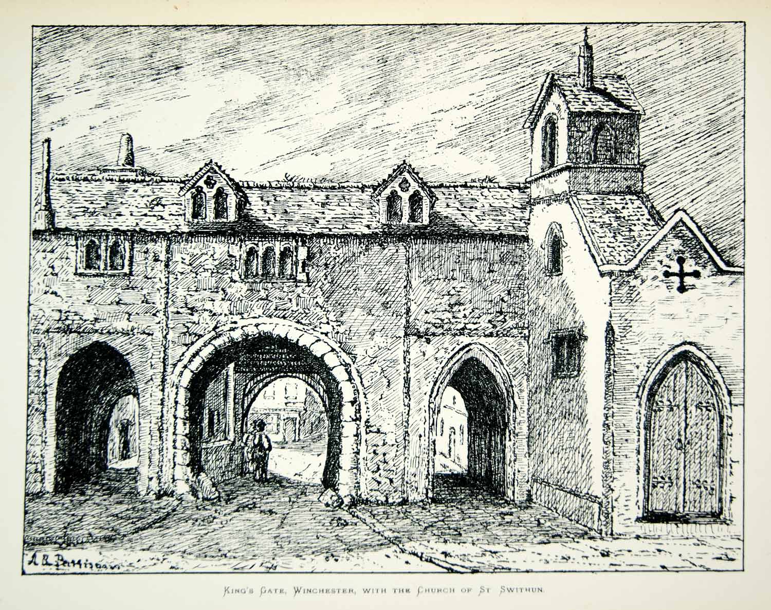 1889 Lithograph Annie Pattison Art Kings Gate Church St Swithun Winchester ZZ22