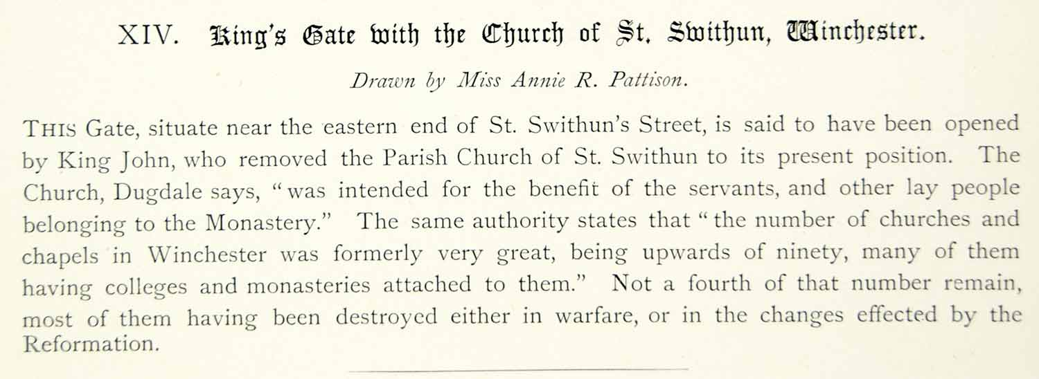 1889 Lithograph Annie Pattison Art Kings Gate Church St Swithun Winchester ZZ22