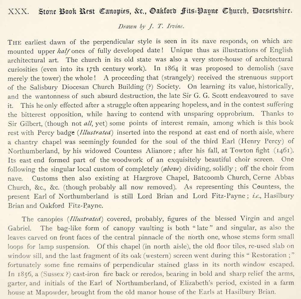 1889 Lithograph James Irvine Art Okeford Fitzpaine Church England Religion ZZ22