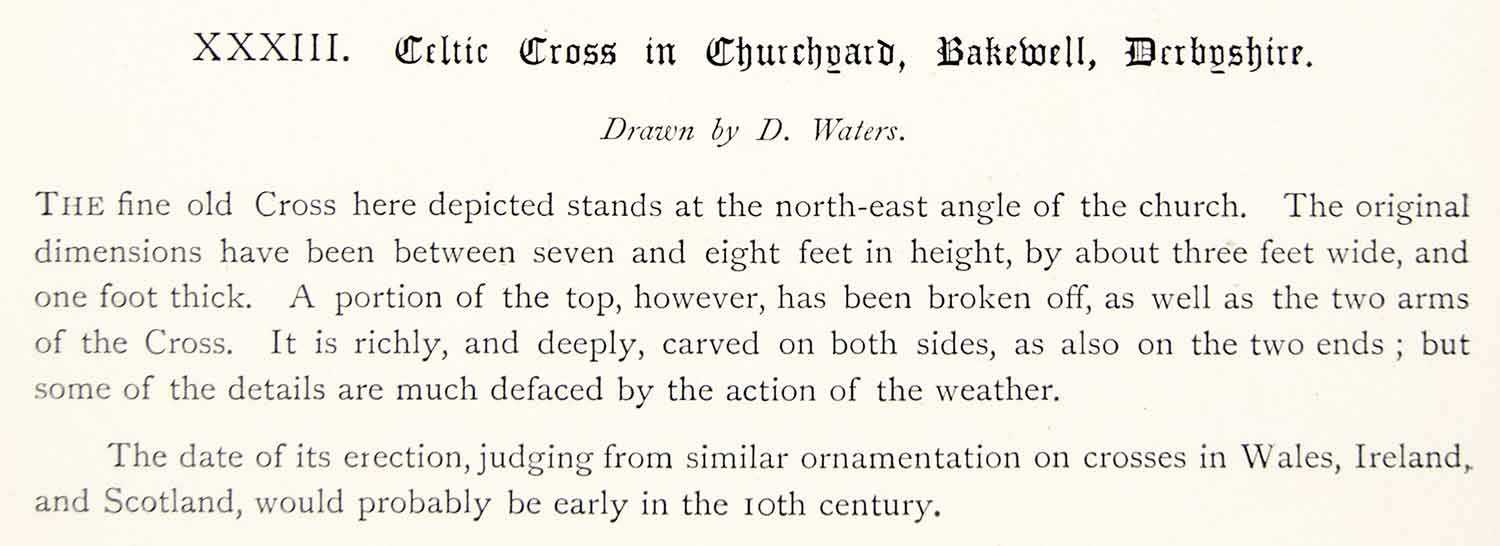 1889 Lithograph D Waters Art Celtic Cross All Saint Church Bakewell England ZZ22