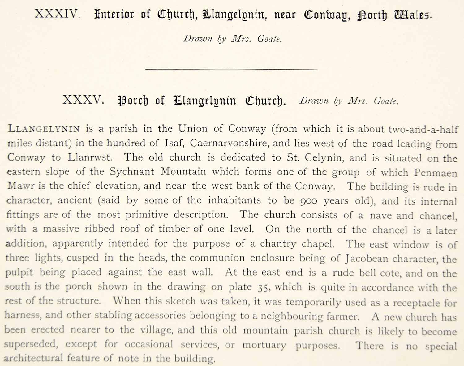 1889 Lithograph M Goate Art Llangelynnin St Celynin Church Conwy Wales UK ZZ22