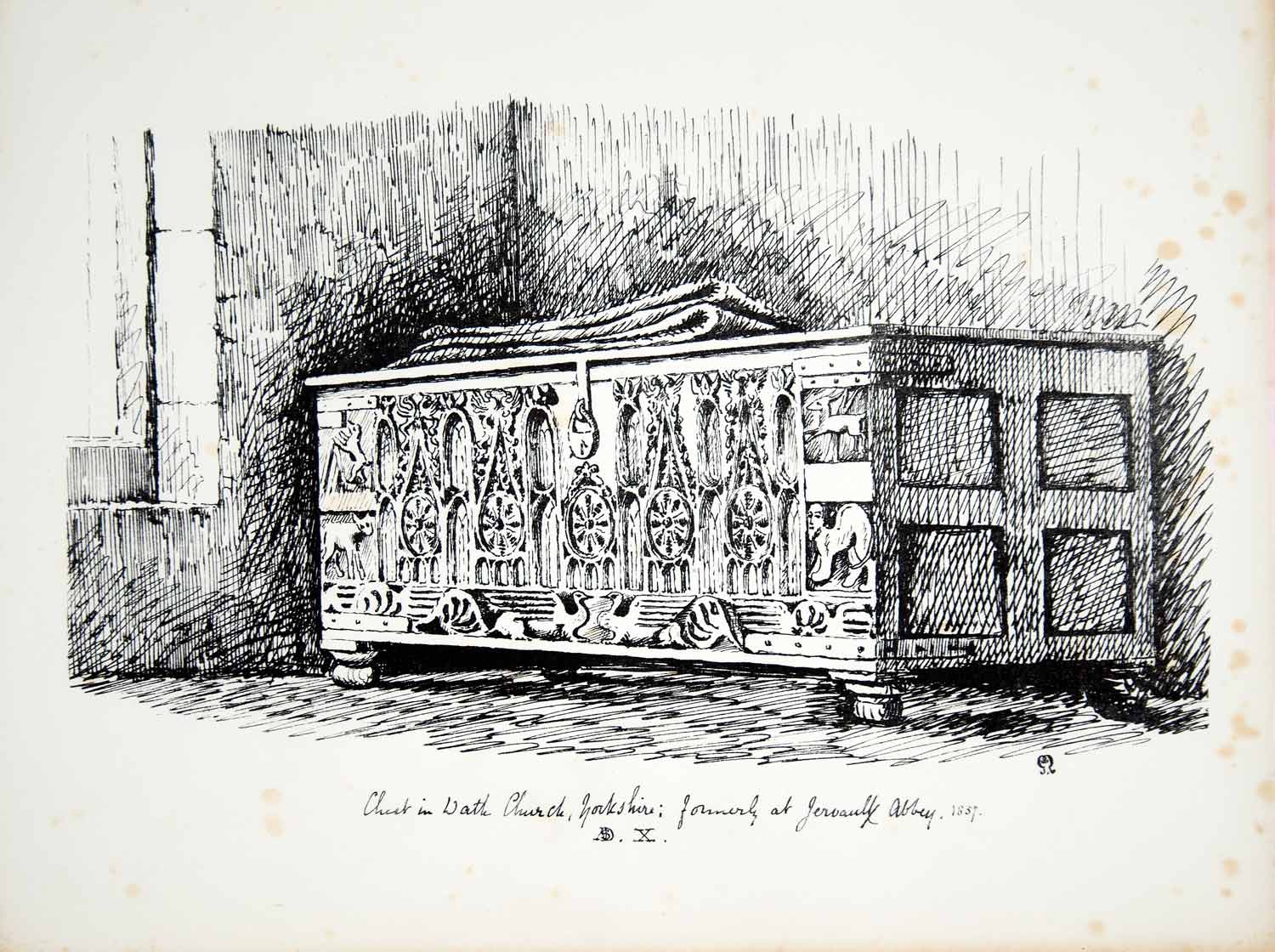 1857 Lithograph Gibson Art Flemish Chest Church Wath-upon-Dearne Furniture ZZ2
