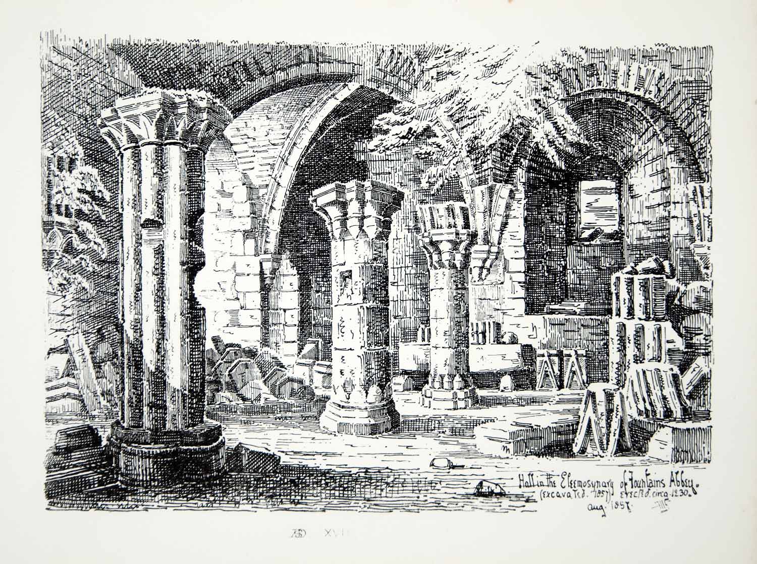 1857 Lithograph TH Gibson Art Hall Hospitium Fountains Abbey Architecture UK ZZ2