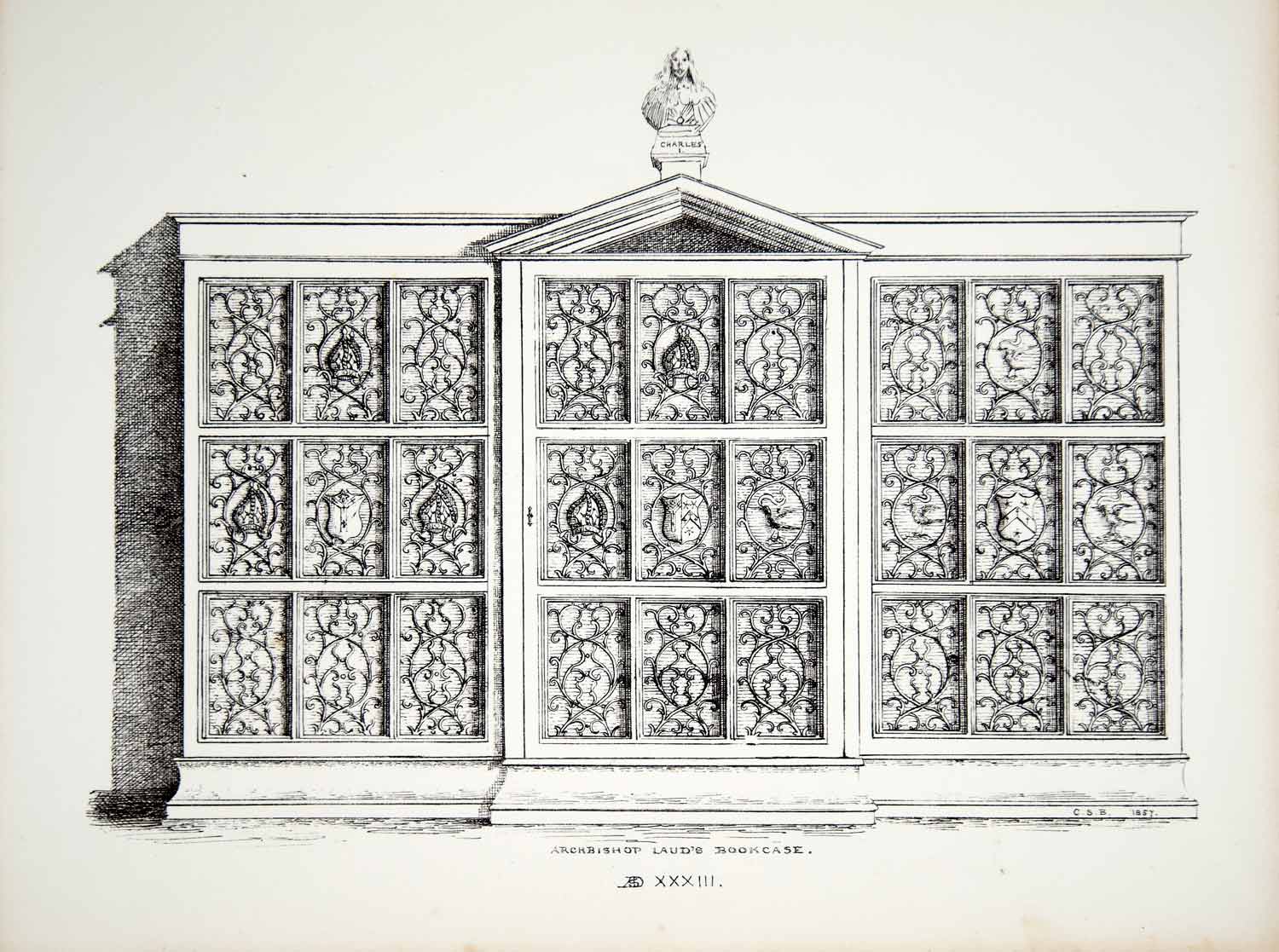 1857 Lithograph CS Beckett Art Archbishop William Laud Bookcase Furniture ZZ2