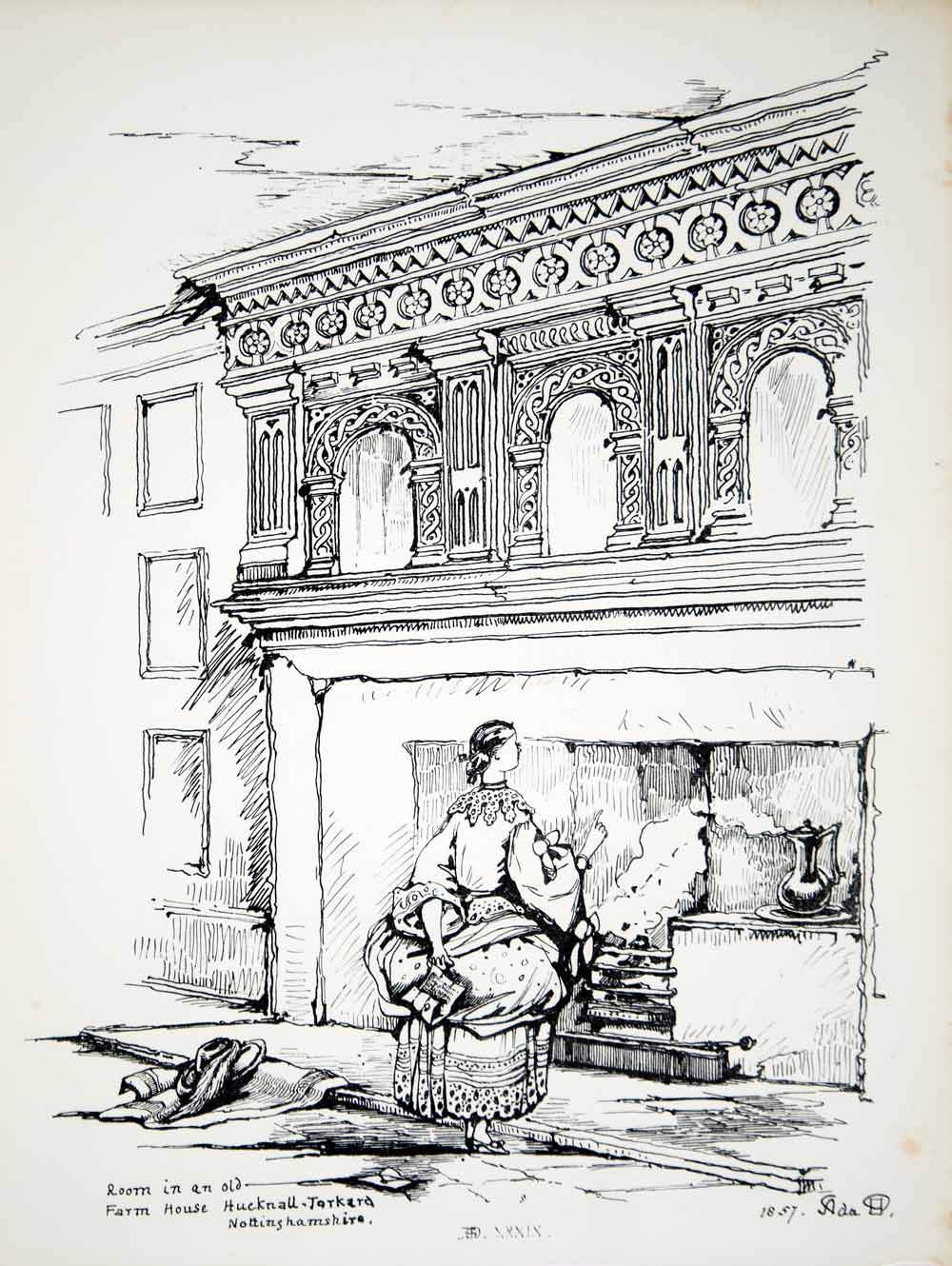 1857 Lithograph Ada Hudson Art Fireplace Farmhouse Hucknall Nottinghamshire ZZ2