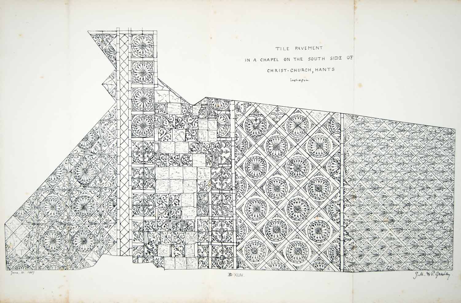 1857 Lithograph John Gresley Art 14th Century Tile Christchurch Architecture ZZ2