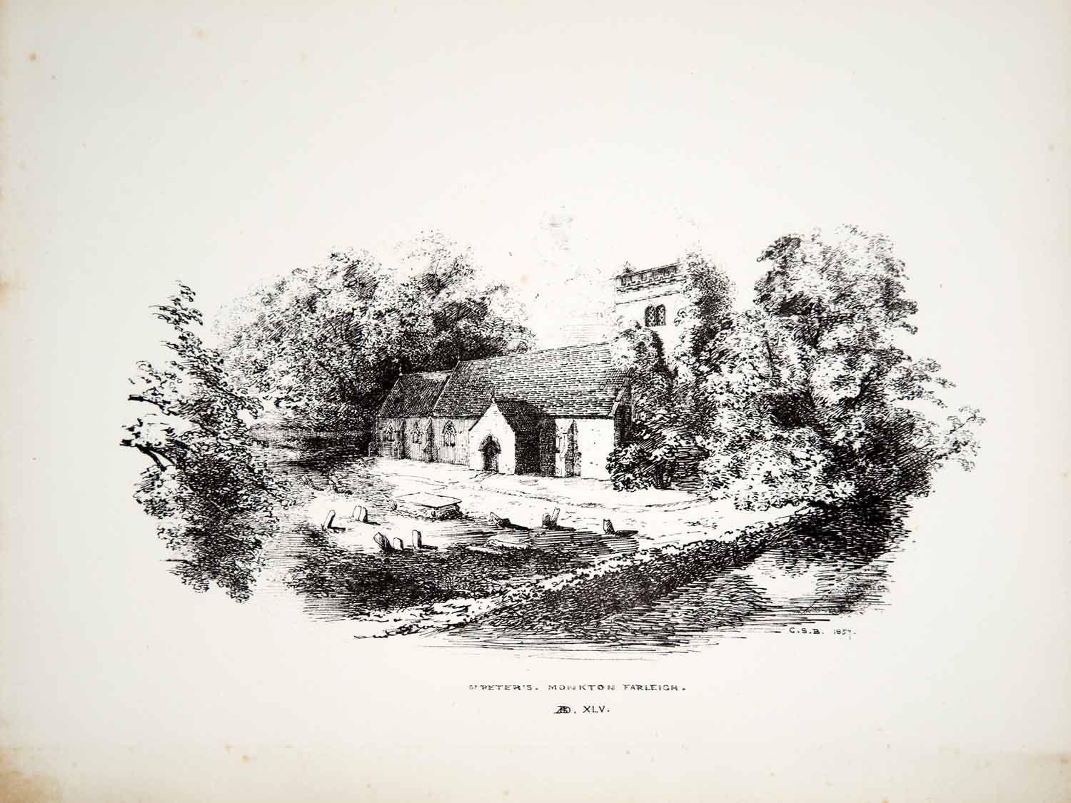 1857 Lithograph CS Beckett Art St Peters Church Monkton Farleigh England UK ZZ2