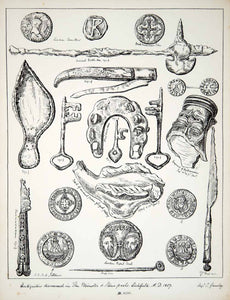 1857 Lithograph C Gresley Art Archaeology Medieval Artifacts Weapons England ZZ2