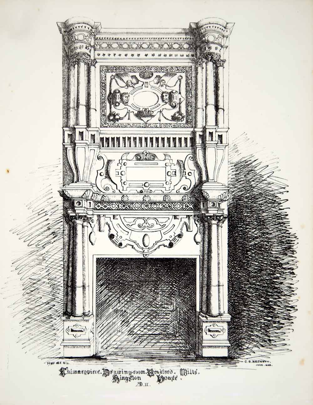 1858 Lithograph Beckett Art Chimney Drawing Room Kingston House Elizabethan ZZ3