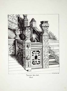 1858 Lithograph JP Grazebrooke Art Staircase Aston Hall Birmingham Jacobean ZZ3