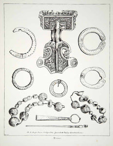 1858 Lithograph John M Gresley Art Anglo-Saxon Archaeology Jewelry Fibula ZZ3