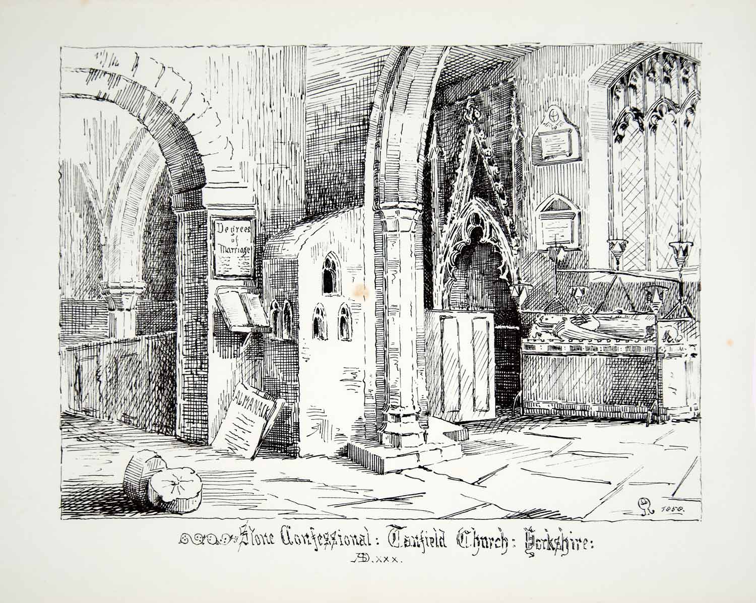 1858 Lithograph Gibson Art Stone Confessional St Nicholas Church Tanfield UK ZZ3
