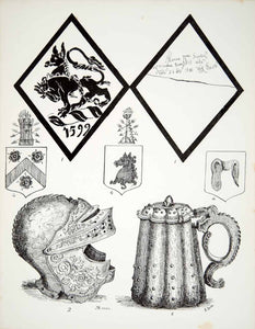1858 Lithograph Helen Spode Art Medieval Armor Helmet Tankard Coat of Arms ZZ3
