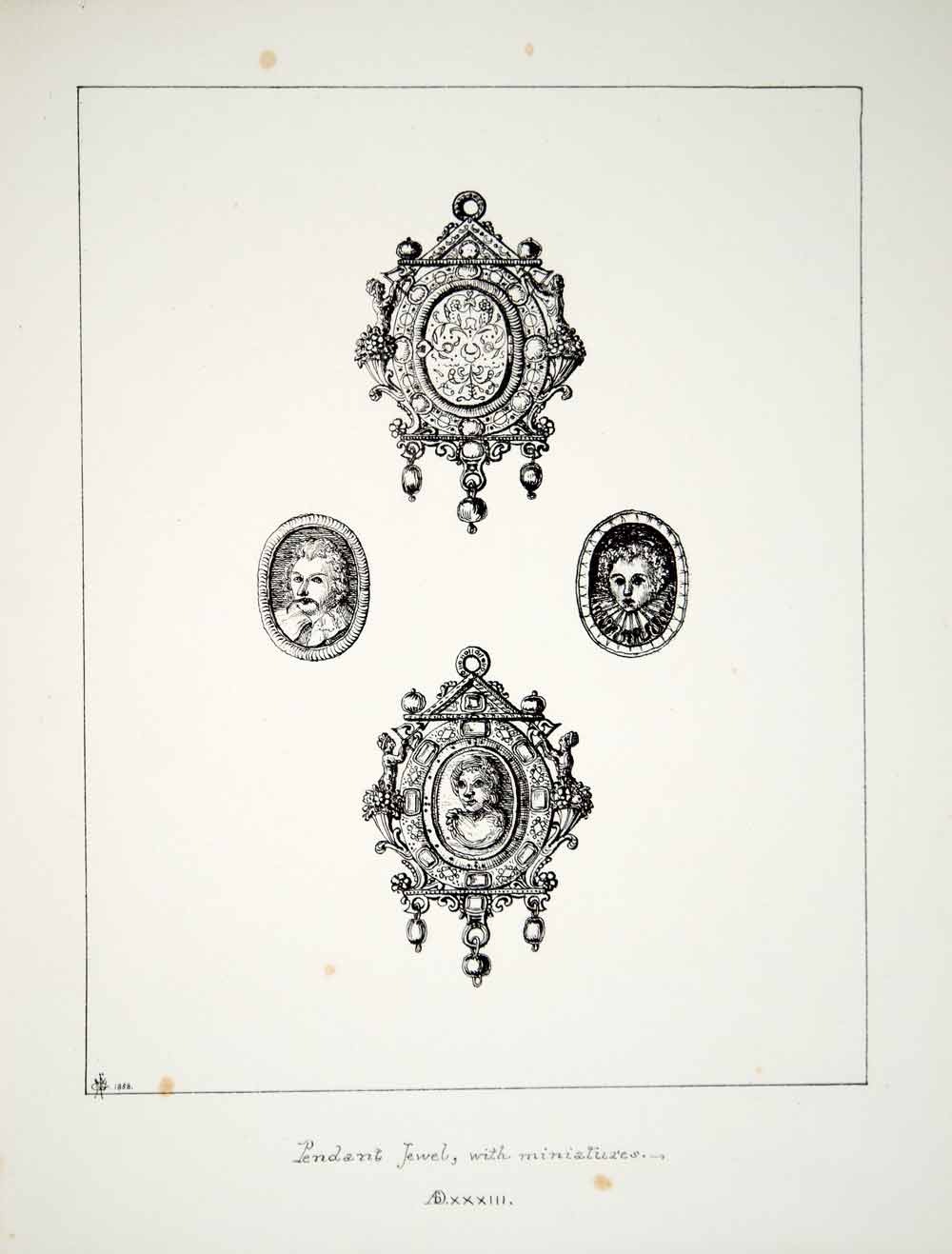 1858 Lithograph FM Gresley Art Pendant Jewelry Necklace Costume England UK ZZ3