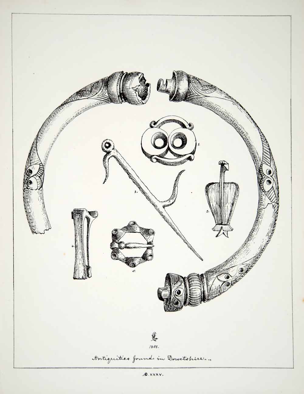 1858 Lithograph FM Gresley Art Archaeology Torc Neck Ring Jewelry Costume ZZ3