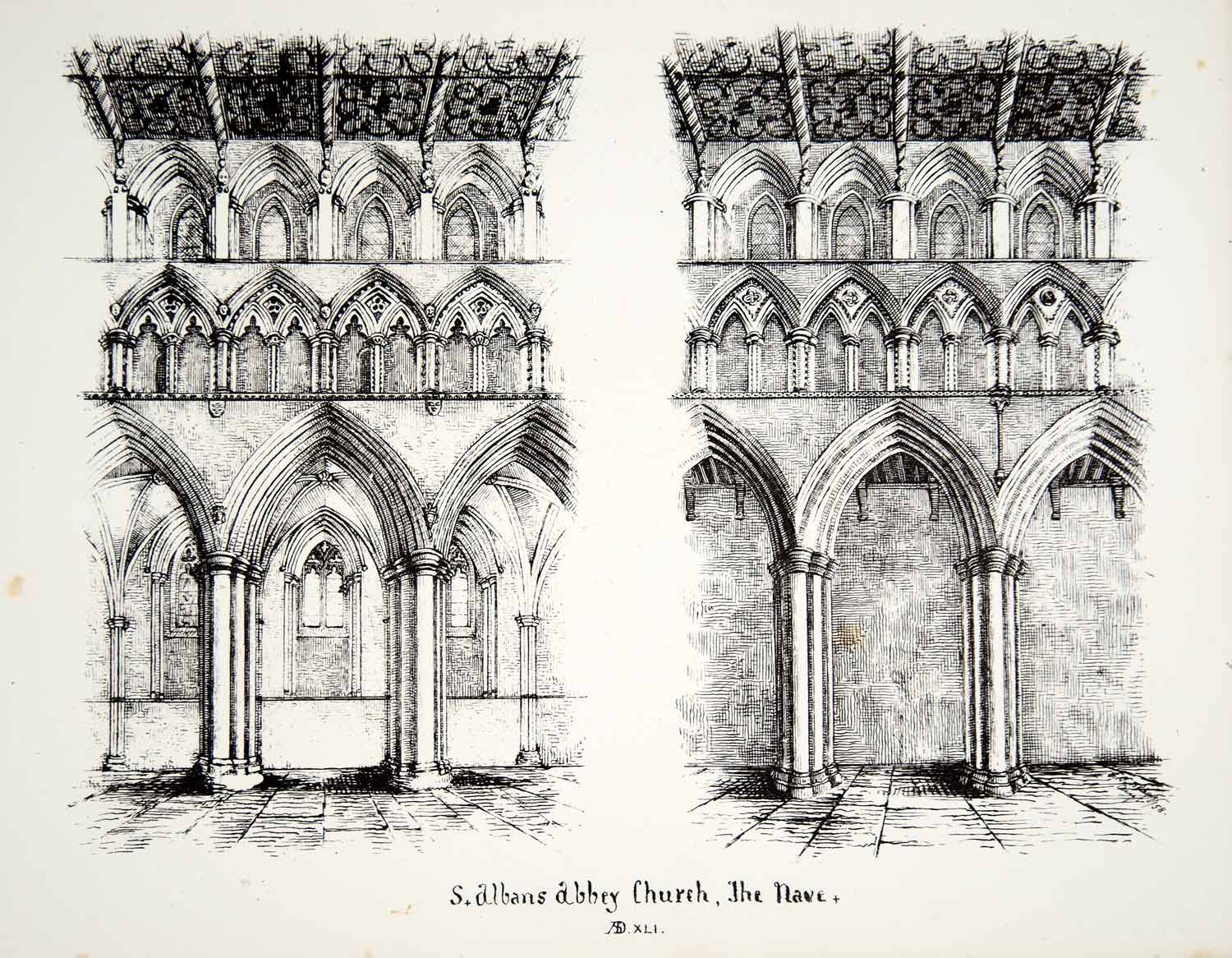 1858 Lithograph CJ Blagg Art Nave St Albans Cathedral Gothic Architecture UK ZZ3