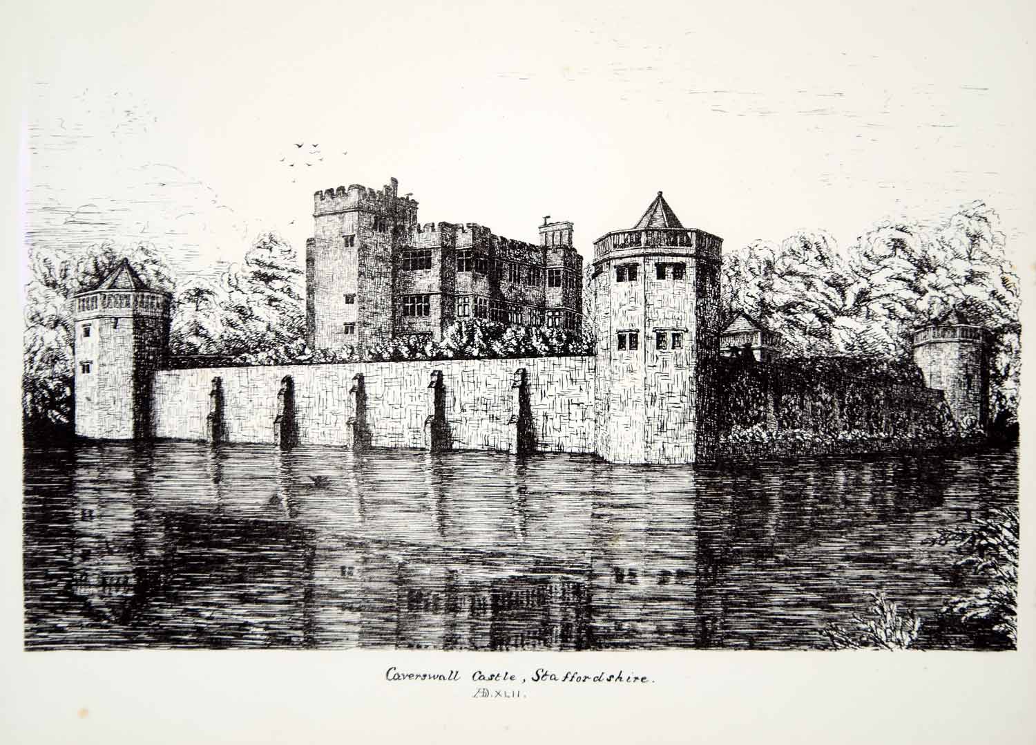 1858 Lithograph CJ Blagg Art Caverswall Castle Staffordshire England Mansion ZZ3