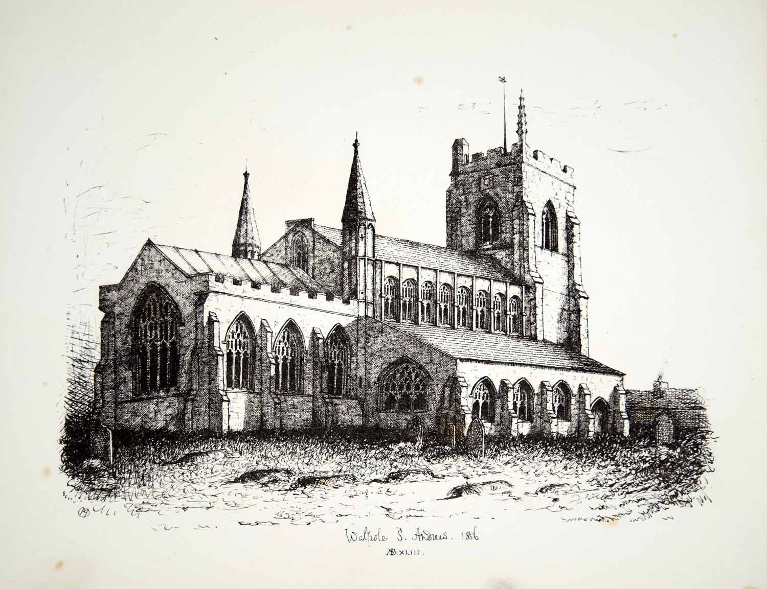 1858 Lithograph H Moore Art St Andrews Church Walpole Norfolk England Gothic ZZ3