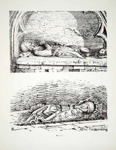 1858 Lithograph C Barstow Art Effigy John de Mowbray Fountains Abbey England ZZ3