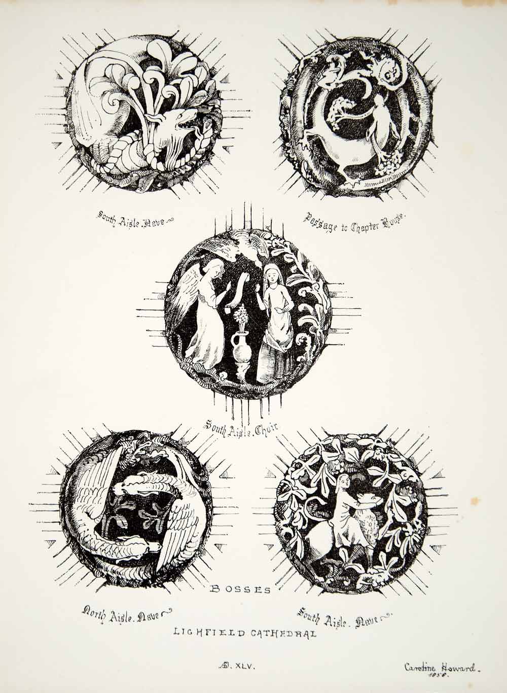 1858 Lithograph C Howard Art Boss Lichfield Cathedral Gothic Architecture UK ZZ3