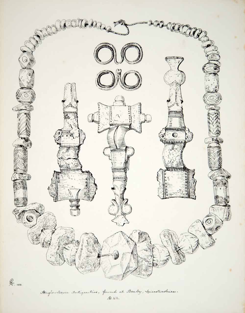 1858 Lithograph FM Gresley Art Anglo-Saxon Jewelry Archaeology England UK ZZ3