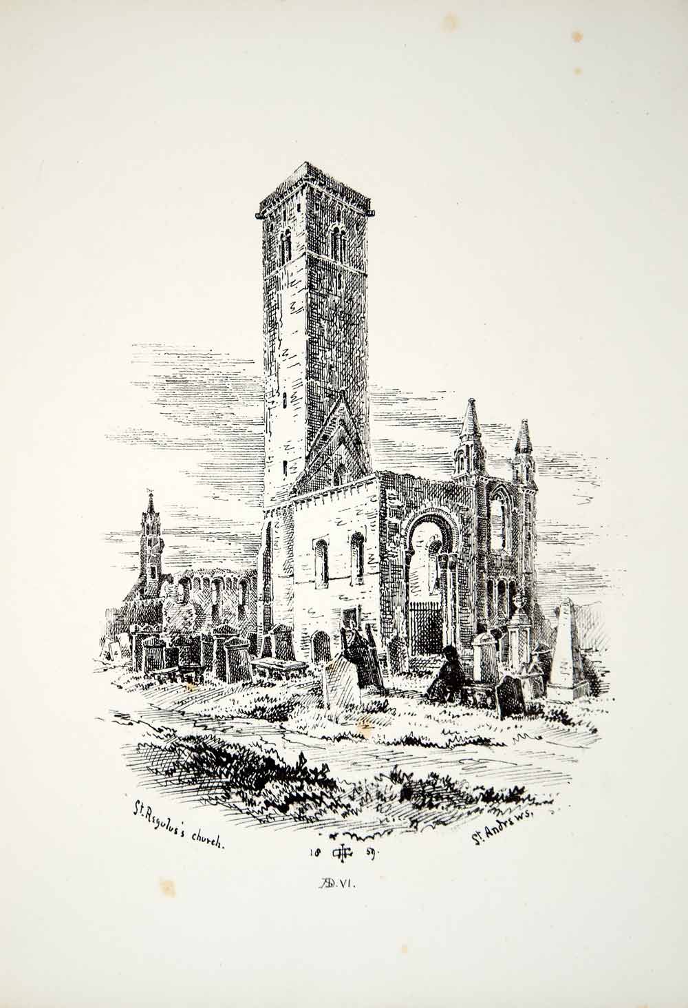 1859 Lithograph JH Gibson Art St Regulus Rule Church St Andrews Scotland UK ZZ4