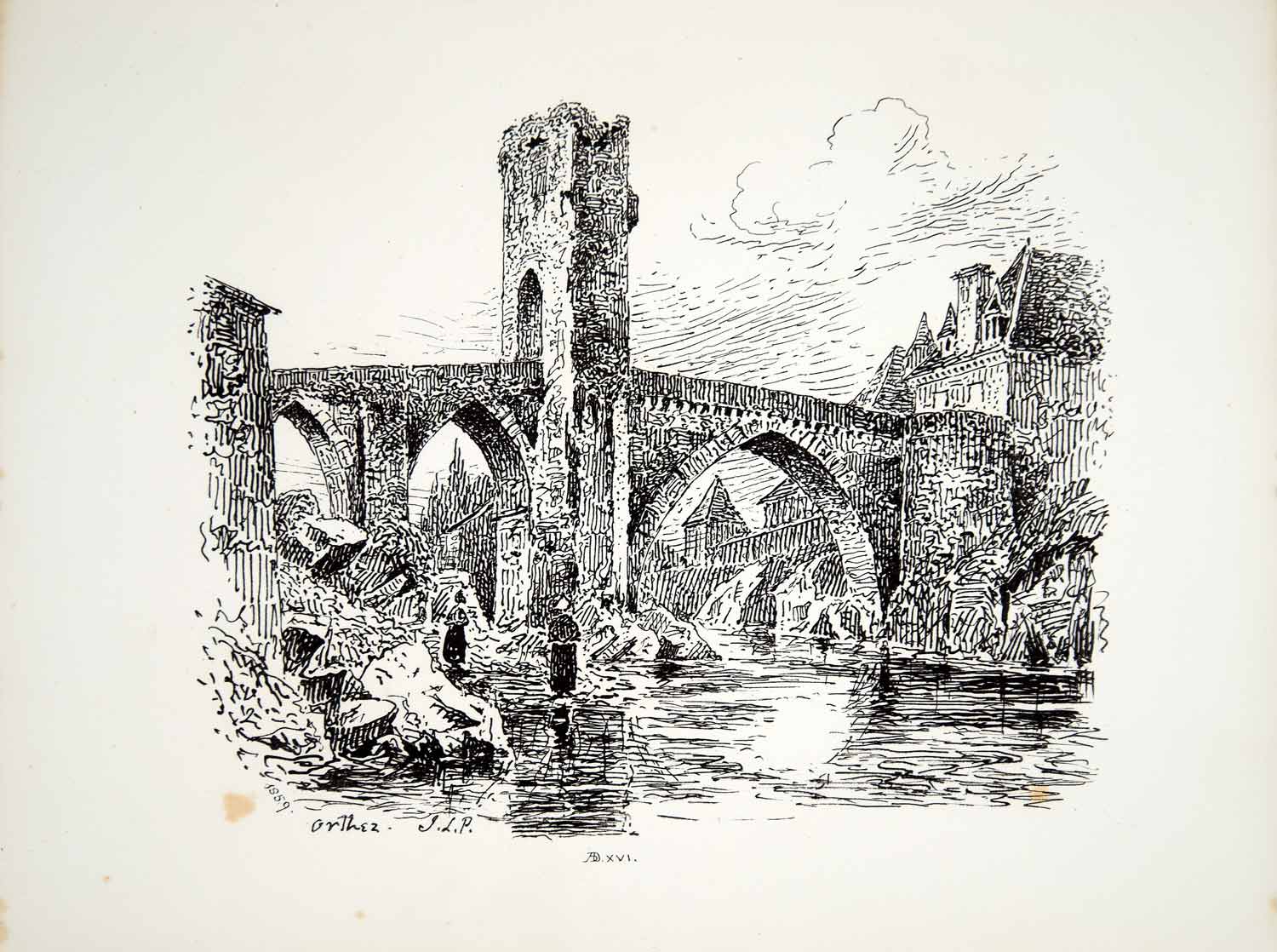 1859 Lithograph JL Petit Art Bridge Gave de Pau Orthez France Architec ...
