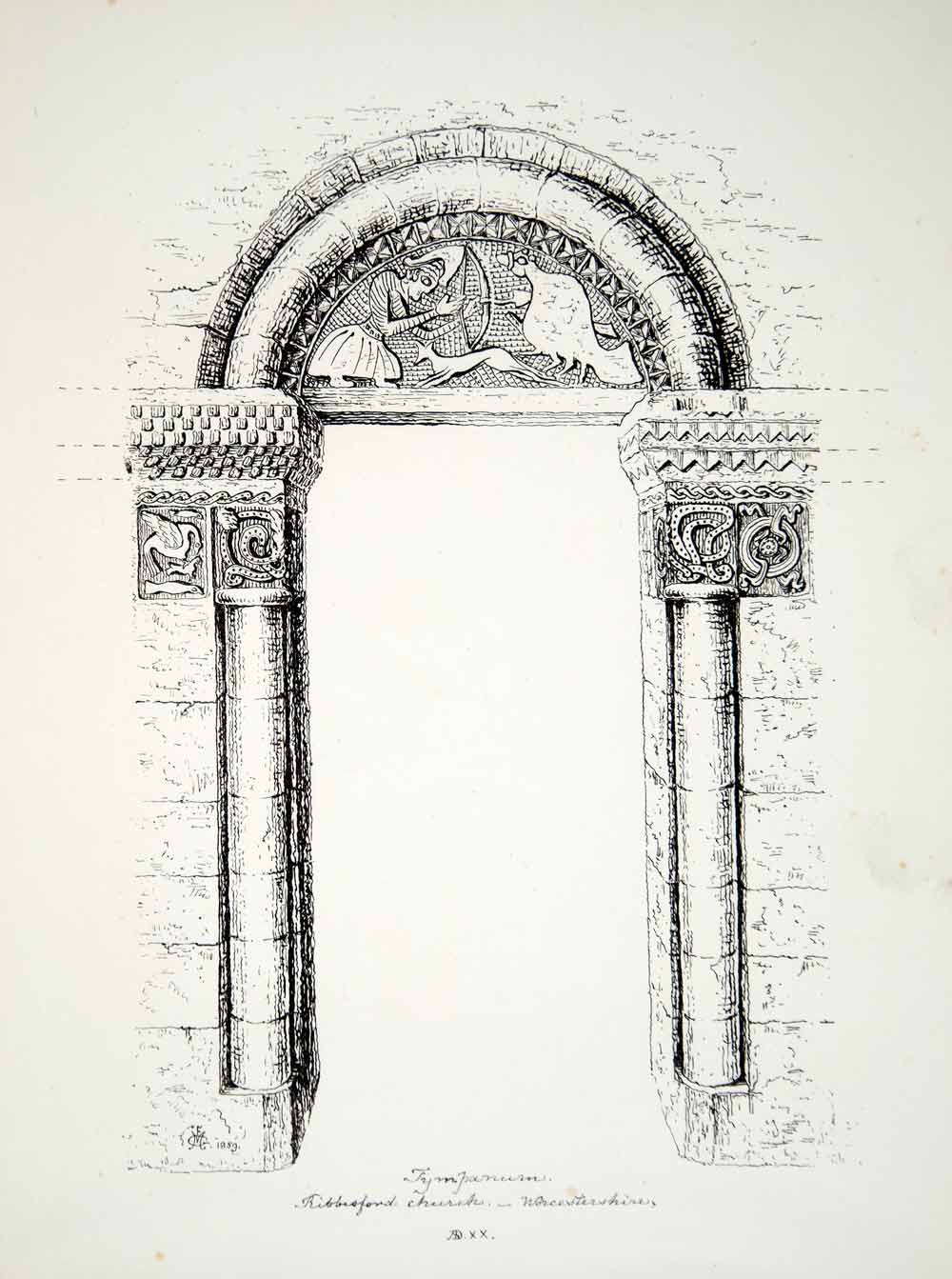 1859 Lithograph FM Gresley Art Tympanum Ribbesford Church Architecture UK ZZ4