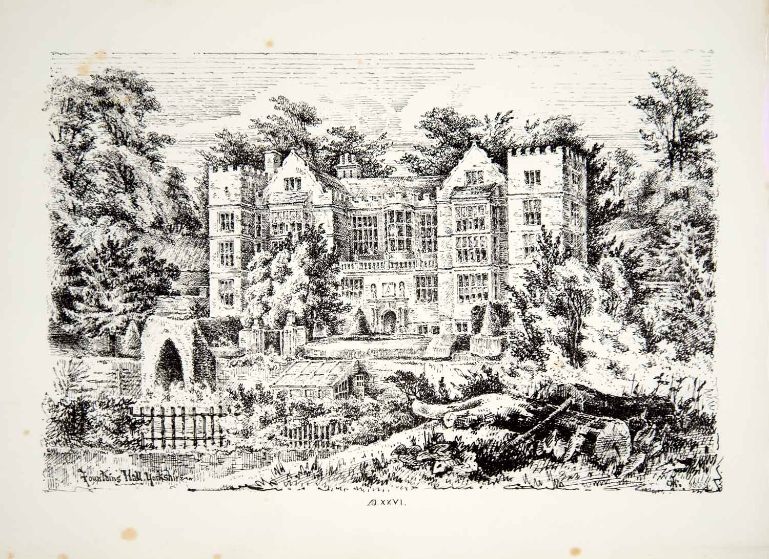 1859 Lithograph JH Gibson Art Fountains Hall Ripon North Yorkshire England ZZ4