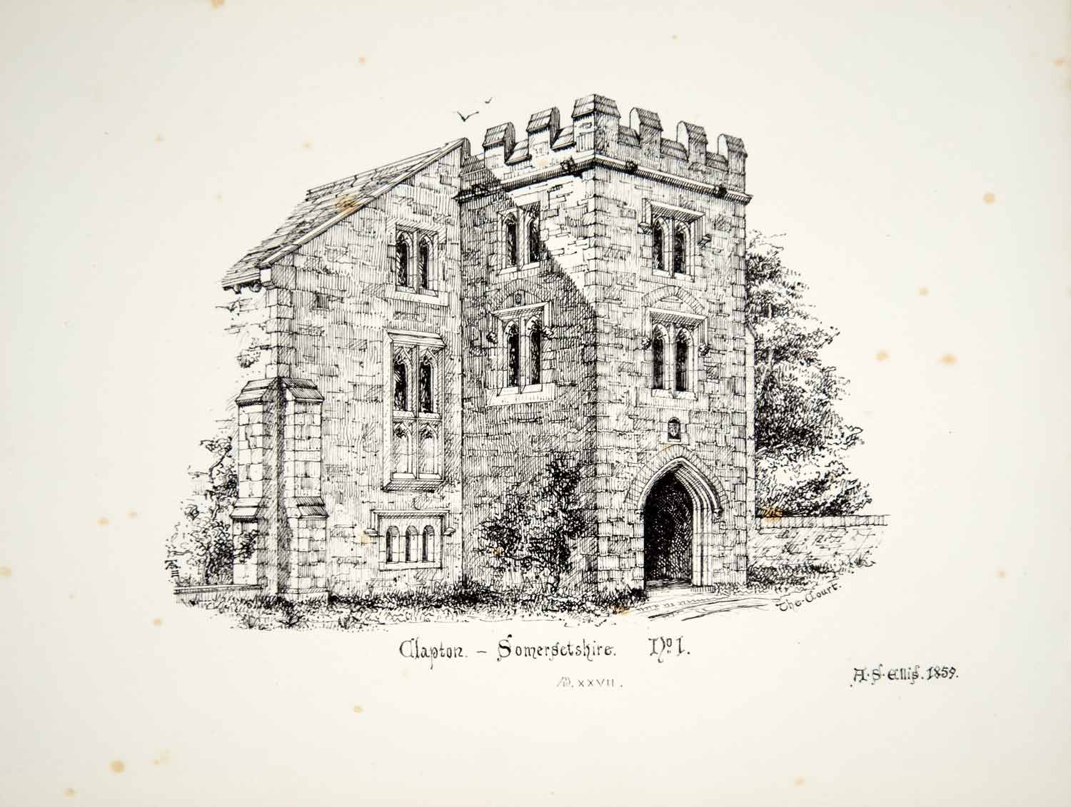 1859 Lithograph AS Ellis Art Clapton Manor Church St Michael Gordano England ZZ4