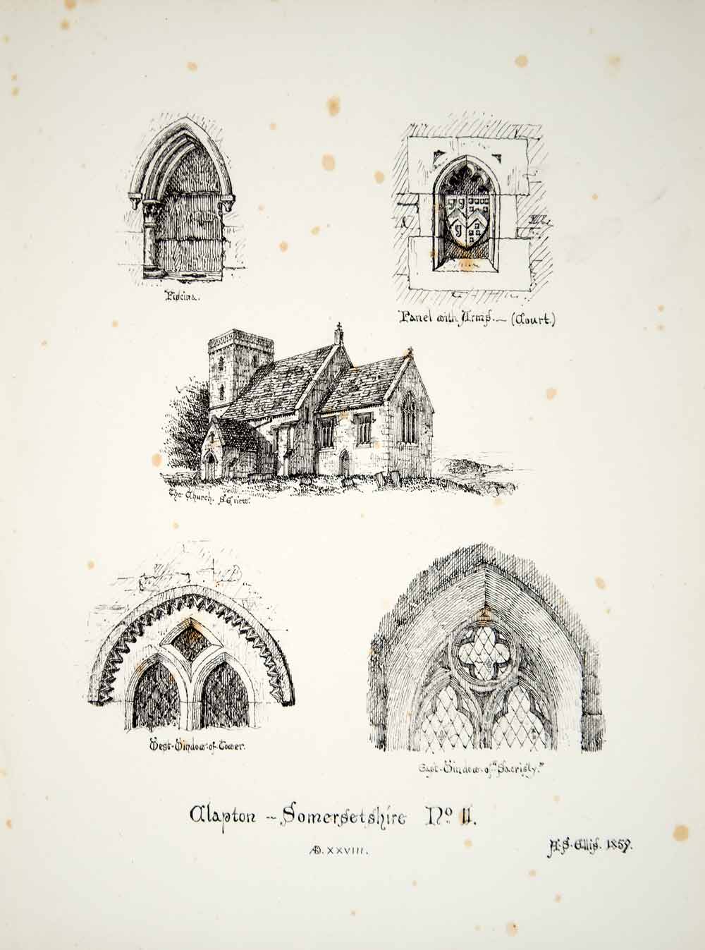 1859 Lithograph AS Ellis Art Church St Michael Clapton Gordano Architecture ZZ4