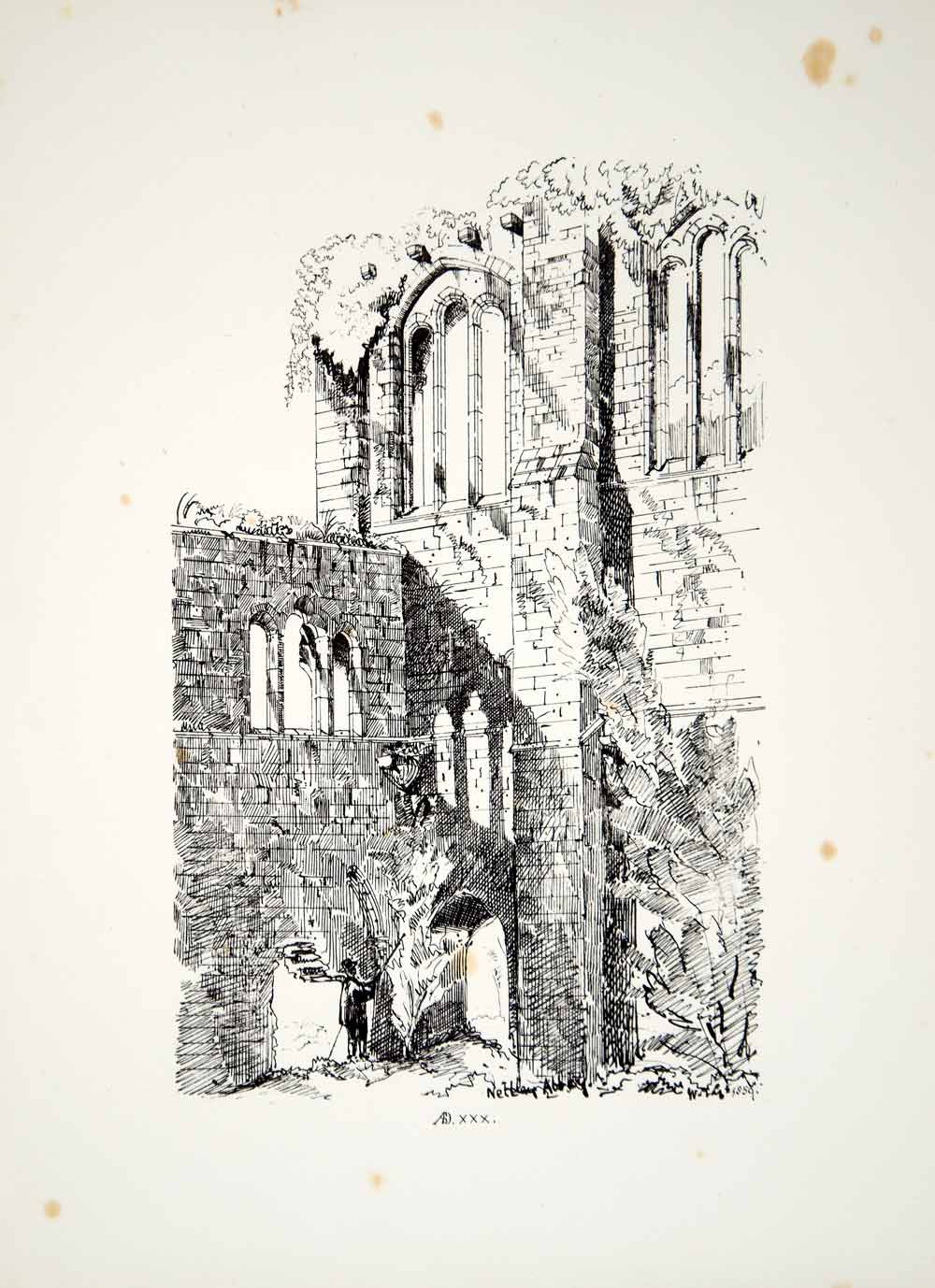 1859 Lithograph WJ Gillett Art Netley Abbey Hampshire England Architecture ZZ4