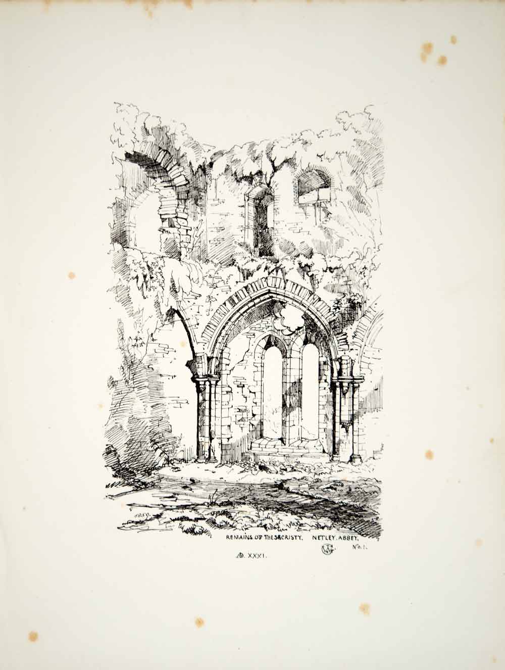 1859 Lithograph WJ Gillett Art Sacristy Netley Abbey Medieval Monastery UK ZZ4