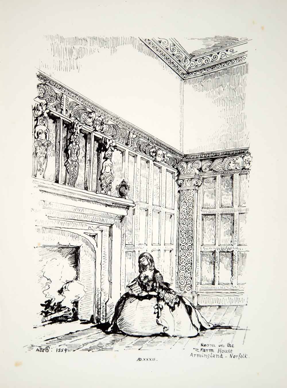 1859 Lithograph Ada Hudson Art Irmingland Hall Norfolk England Architecture ZZ4