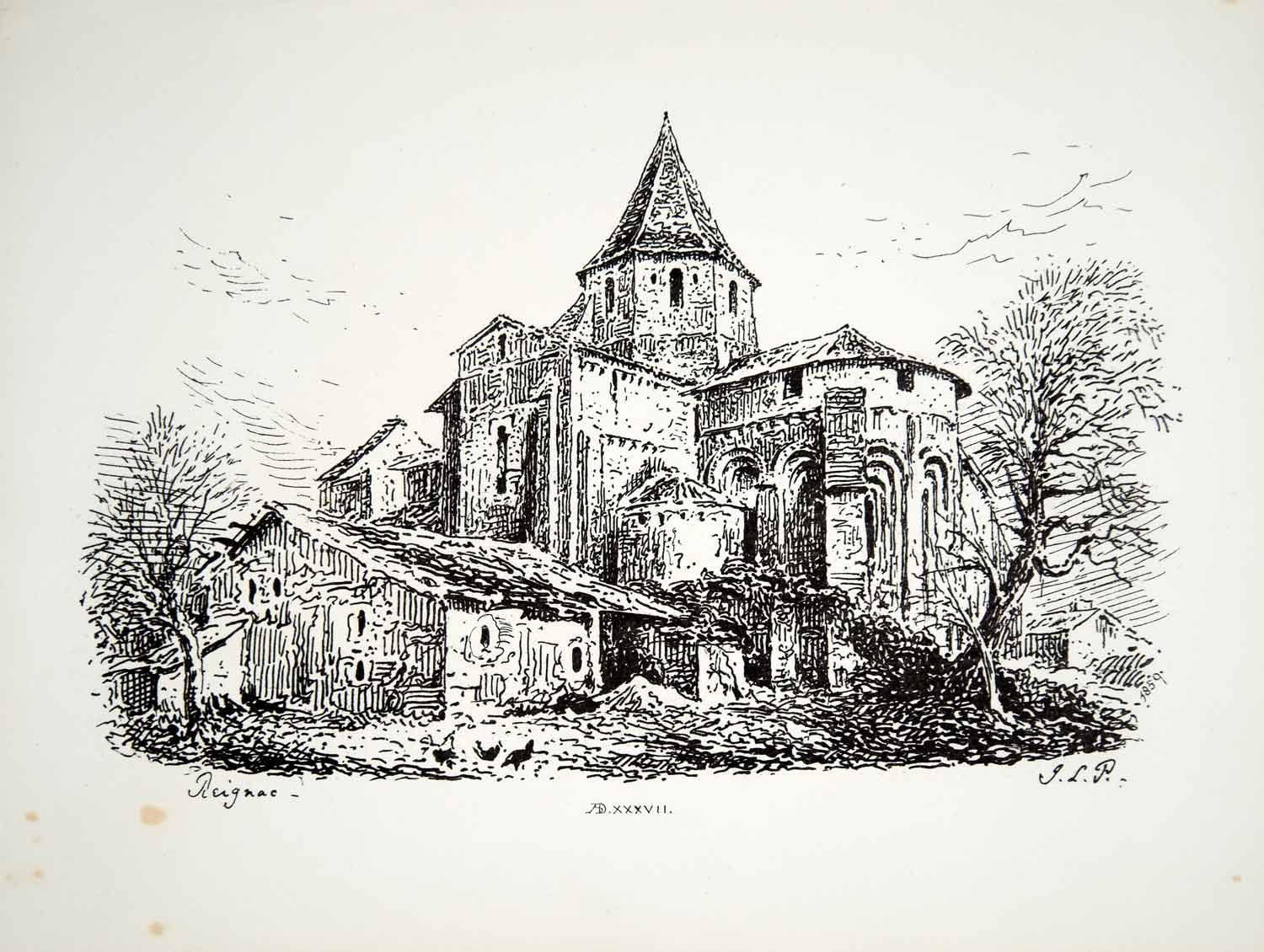 1859 Lithograph J Petit Art Fortified Church Reignac-sur-Indre France Europe ZZ4