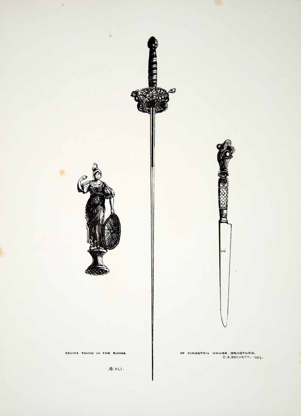 1859 Lithograph CS Beckett Art Spanish Rapier Sword Knife Kingston House UK ZZ4