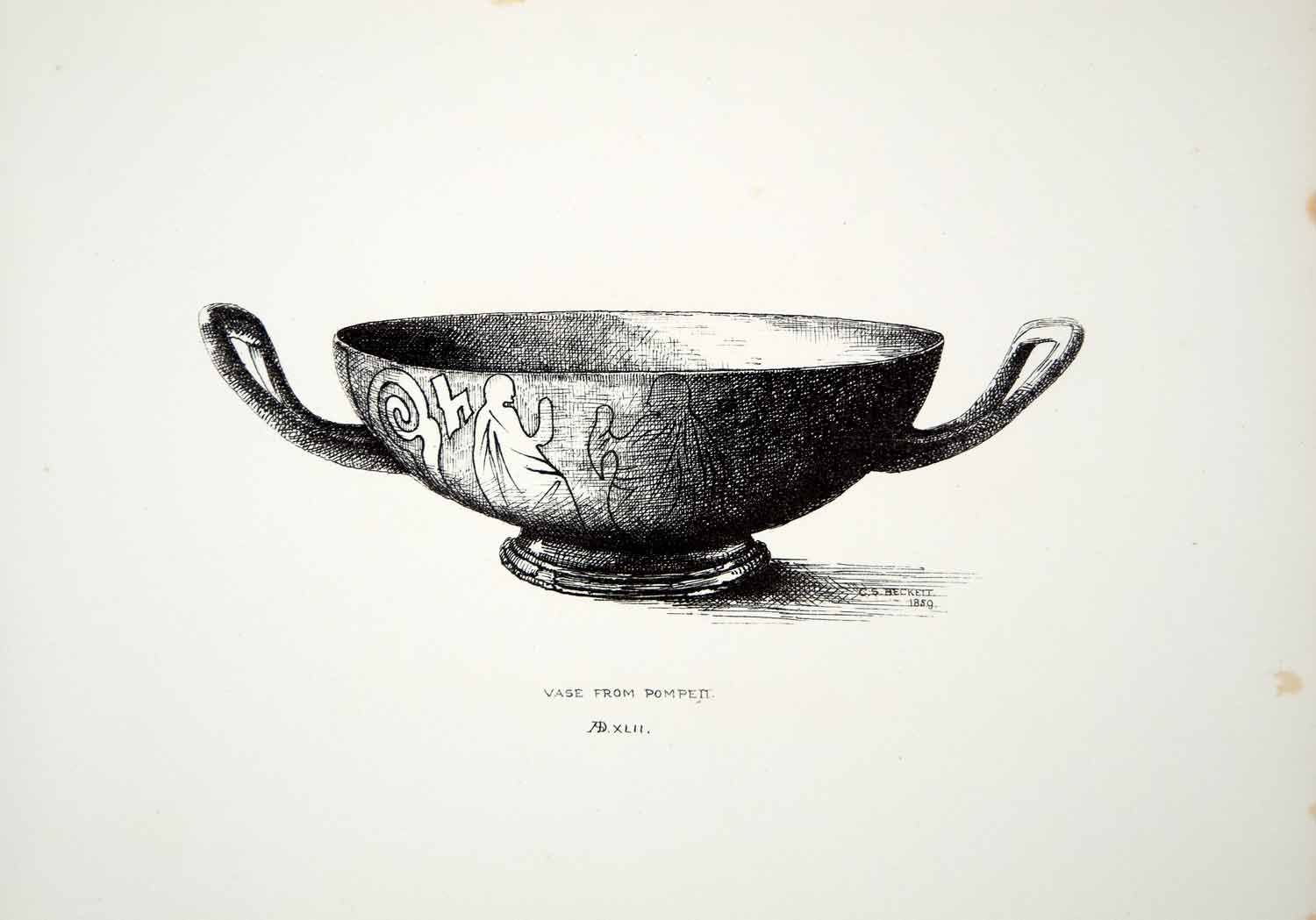 1859 Lithograph CS Beckett Art Ancient Roman Vase Pompeii Italy Archaeology ZZ4